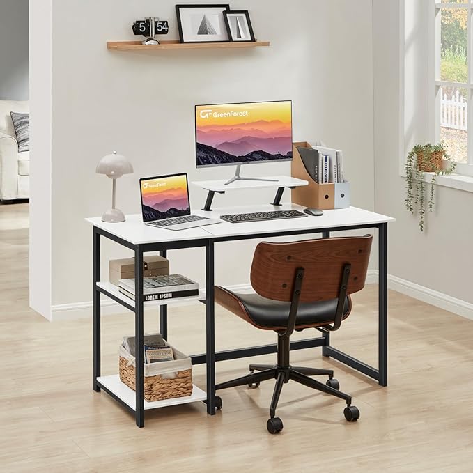 GreenForest Computer Desk with Monitor Stand,47 inch Home Office Desk with Reversible Storage Shelves,Modern Writing Desk Study PC Laptop Work Table,White