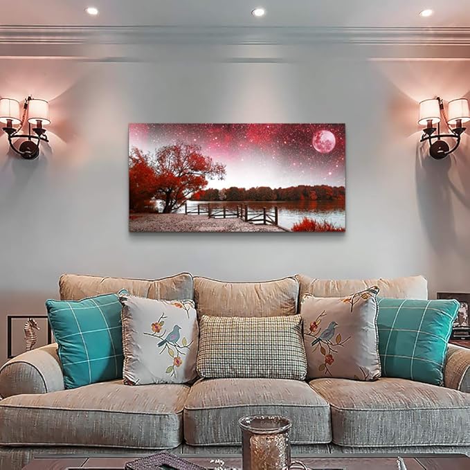 Print Artwork Wall Art Decor Poster for living room Red tree moon starry sky red landscape painting bathroom Wall Art for bedroom Canvas Prints Picture Works Ready to Hang Office Home decorations