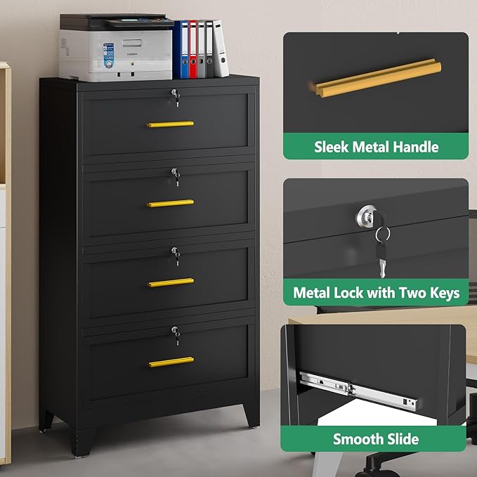 Metal Lateral File Cabinet with Lock,4 Drawer Steel Wide Filing Organization Storage Cabinets,Office Filing Cabinet for Legal/Letter/A4/F4 Size with Hanging Files&Key,Lockable Cabinets for Home Office