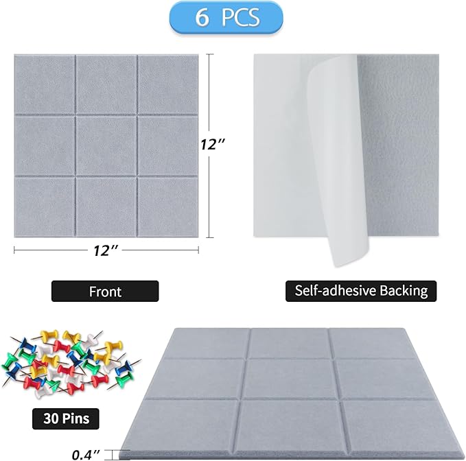 BXI Felt Bulletin Board - 12 X 12 X 3/8 Inches 6 Pcs Self-Adhesive Poster Cork Board with 30 Push Pins, Thick Pin Tiles Display Vision Board, Photo Picture Panels for Home Office Classroom Walls