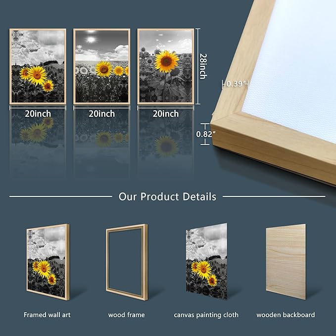hyidecorart Natural Framed Wall Art - Large Sunflower Flowers Black And White Wall Pictures - Set of 3 Piece Prints - For Living Room, Kitchen, Bedroom