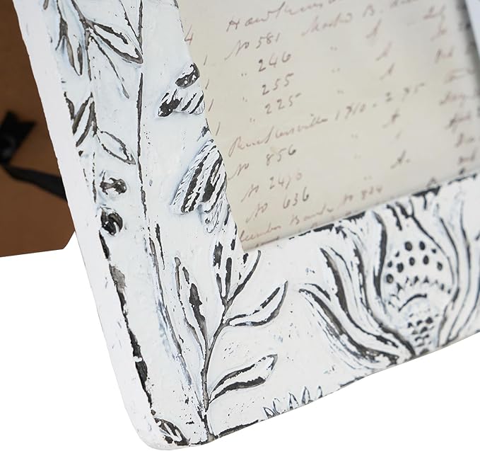 NIKKY HOME Farmhouse 5x7 Picture Frame Boho Photo Frame with 3D Botanical Leaf and Bird Textured and Rustic Whitewashed Finish, Hand-Crafted Resin Picture Frames with HD Glass for Tabletop Display