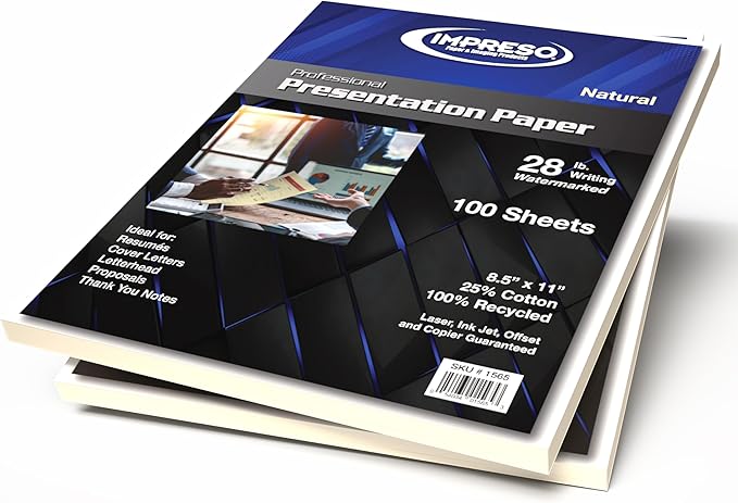 Impreso Resume/Presentation Paper, 8.5 x 11, 28 lb., 25% Cotton, 100% Recycled.… (200 Sheets)