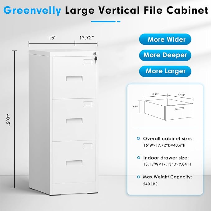 Greenvelly Metal 3 Drawer File Cabinet, Vertical File Cabinet with Lock, Locking Filing Cabinets for Home Office, Letter/Legal/A4/F4 Size/Anti-Tip (White)