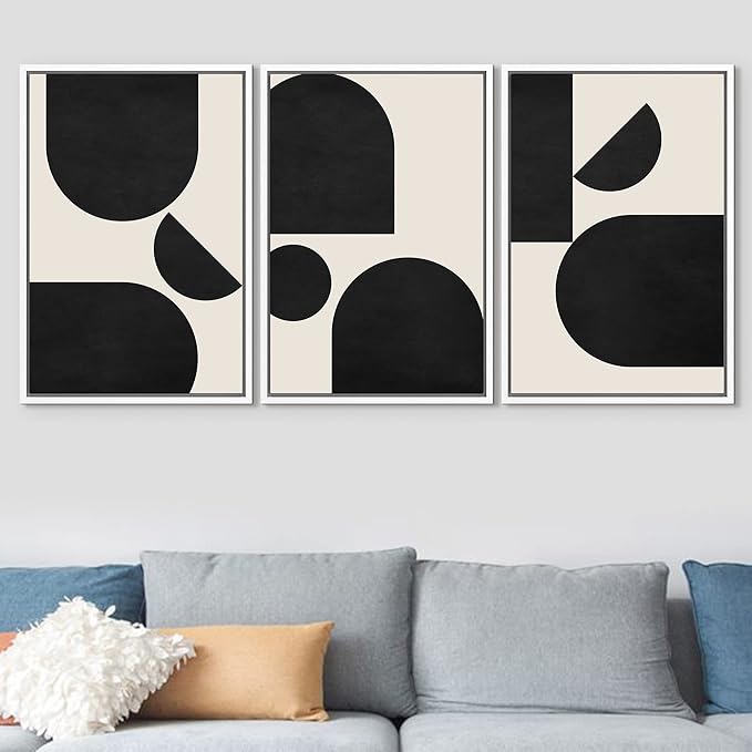 SIGNFORD Framed Canvas Print Wall Art Set Geometric Semi Circle Arch Polygons Abstract Shapes Illustrations Modern Art Bohemian Nordic Relax/Calm for Living Room, Bedroom, Office - 16"x24"x3 White