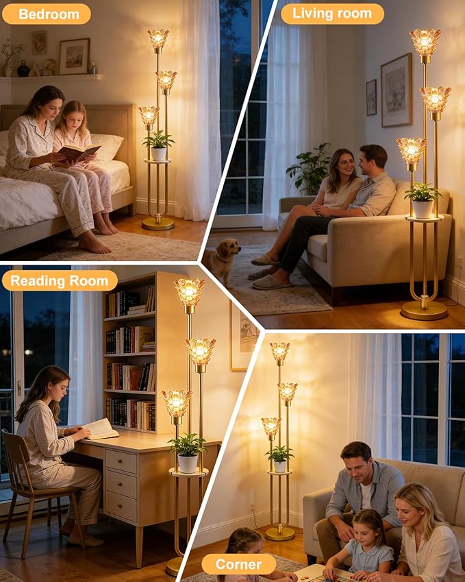 3-Light Modern Glass Floor Lamp with Shelf, Gold Tall Standing Lamp with Amber Flower Glass Shade, LED Floor Lamp with Foot Switch for Living Room Bedroom Home Decor, Bulb Included