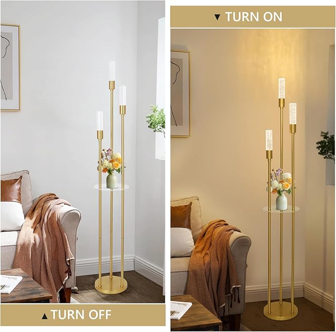 Modern Gold Floor Lamps for Living Room, Bubble Crystal Floor Lamp with Shelves, Built-in LED Lights, Brass Standing Lamps with Foot Switch, Corner Tall Floor Lamp for Bedroom, House Decor
