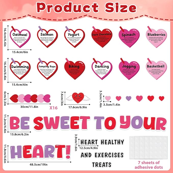 Valentine's Day Heart Health Bulletin Board Set Valentine Sweet to Your Heart Classroom Decoration Healthy Treats and Exercises Bulletin Board Hearts Cutouts for School Home Chalkboard Wall Decor