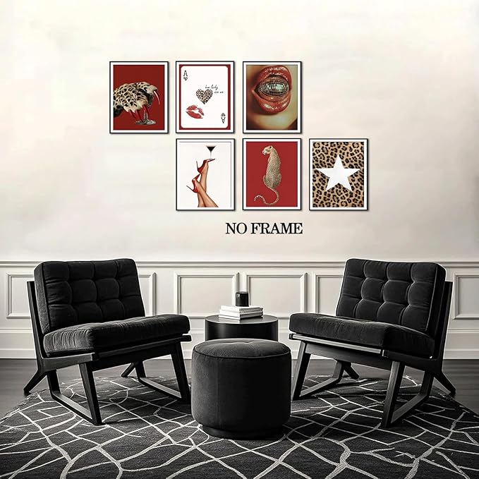 Trendy Leopard Wall Art Poster Set of 6, Red Funky Cheetah Martini Disco Ball Lip Pictures Wall Decor, Fashion Preppy Coquette Paintings Prints for Living Room Bedroom Dorm 8x10 inch Unframed