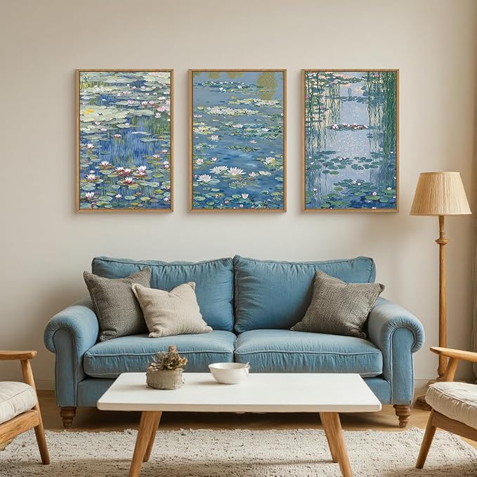 Large Nature Lilies Ponds Framed Canvas Wall Art,Impressionist Flower Wall Decor,Claude Monet Style Wall Painting,Garden Botanical Artwork for Living Room,Bedroom,Dining Room,Office -24"x36"x3