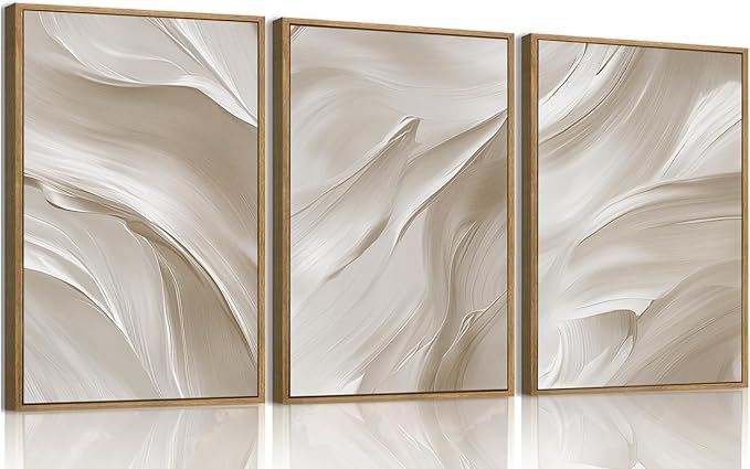 myusuar 3 Piece Large Abstract Framed Wall Art For Living Room, Smoke Texture Ink Beige White Canvas Wall Art Modern Minimalist Art Prints Wall Décor For Bedroom Office 12x16in