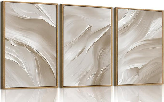 myusuar 3 Piece Large Abstract Framed Wall Art For Living Room, Smoke Texture Ink Beige White Canvas Wall Art Modern Minimalist Art Prints Wall Décor For Bedroom Office 12x16in