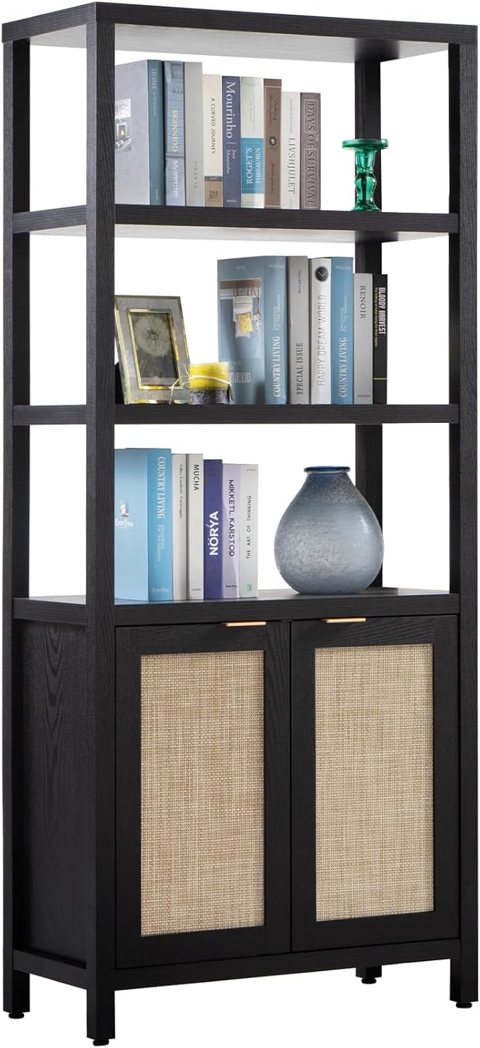 SICOTAS Bookshelf 5 Tier Book Shelf Rattan Boho 71" Tall Bookcase with Doors Storage Shelves Large Bookshelves Farmhouse Bookcases Library Book Case for Living Room Bedroom Home Office Kitchen