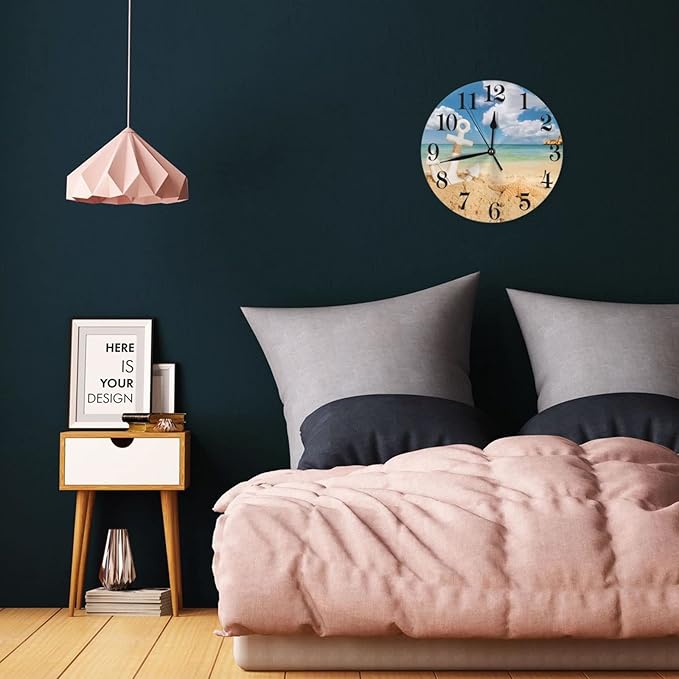 Nautical Anchor Starfish Sea Beach Wall Clock Battery Operated Silent Round Clock Wall Decor for Home Office School, 12 Inch