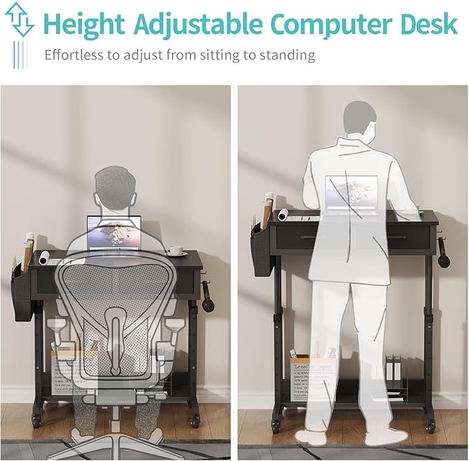 Small Portable Rolling Standing Desk - 32 Inch Adjustable Mobile Stand Up Gaming Desks with 2 Fabric Drawers on Wheels, Couch Sofa Side Laptop Table with Storage for Home Office, Black