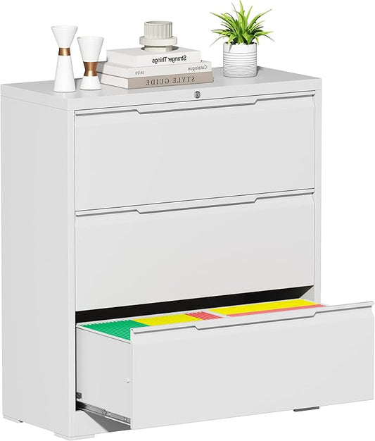 Bestoo 3-Drawer Lateral File Cabinet with Lock, Metal Filing Cabinet for Home Office,3 Lateral Filing Storage Cabinets, Fits File Folders, Letter/Legal/F4/A4 Size, Assembly Required (White)