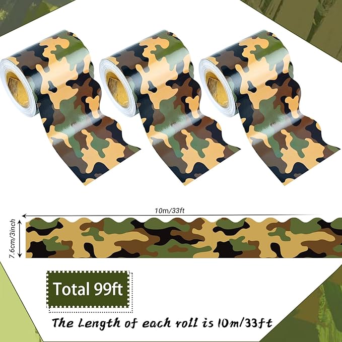 99 Feet Camo Bulletin Board Borders, Green Black Brown Camouflage Bulletin Board Border for School Classroom Office for Birthday Retirement Camping Themed Party Decoration,3 Rolls