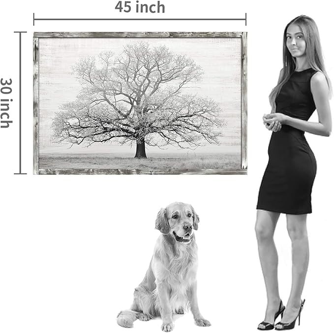 Wooden Winter Tree Wall Art: Farmhouse Foggy Landscape Picture Painting Print on Natural Wood with Handcrafted Rustic Wooden Framed Artwork (45” x 30”)