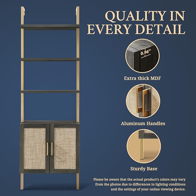 5 Tier Book Shelf Set of 2, 73" Tall Bookshelf with Storage, Modern Bookcase with Shelves, Wall Mount Ladder Shelf with Steel Frame, Bookshelves with Rattan Cabinet for Living Room (Midnight Oak)