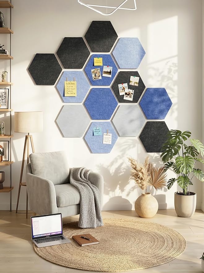 8 Pack Hexagon Felt Bulletin Board Tiles - 11.8" Large Thick Pin Board for Walls with 30 Push Pins, DIY Boards for Office Home School Decor, Aesthetic Hex Cork Board Alternative