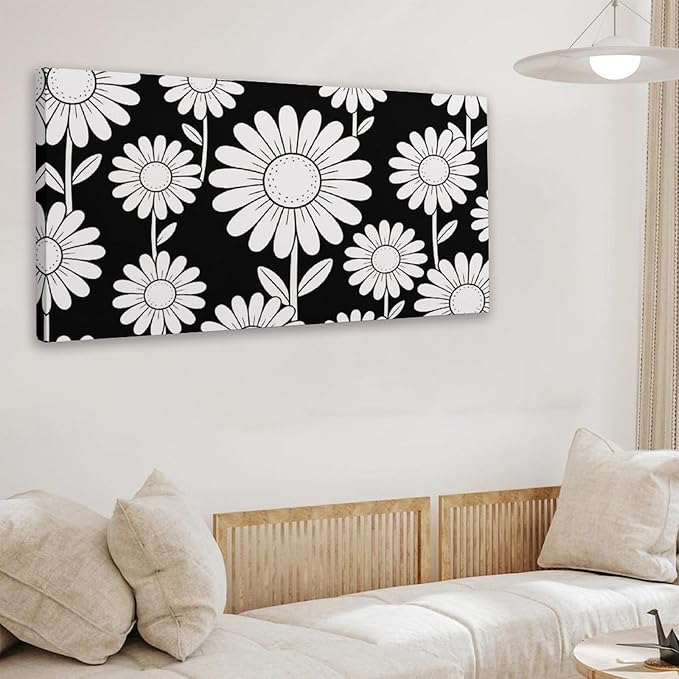 Black White Daisy Floral Framed Canvas Wall Art for Bathroom, Botanical Decor 40" L x 20" W