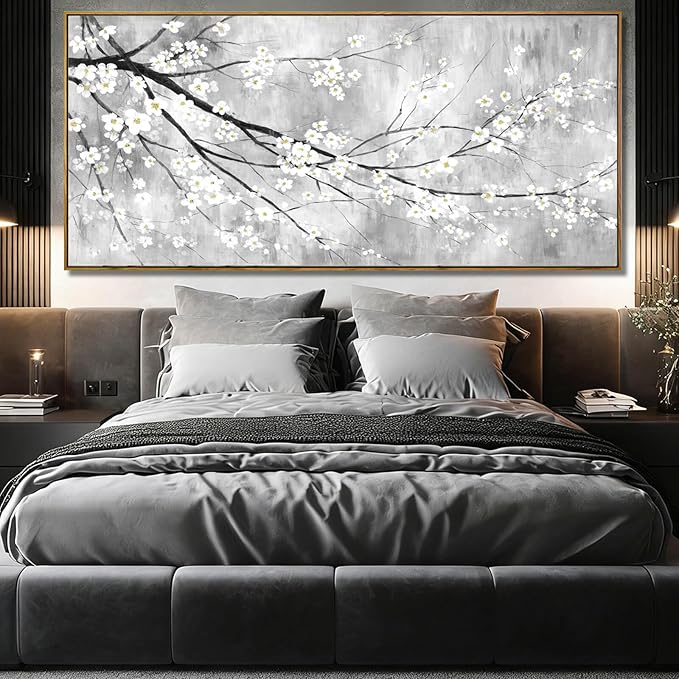 Large White Black Gray and Gold Plum Blossom Canvas Wall Art Framed Modern Zen Nature Floral Posters for Bedroom Living Room Office Hallway Wall Decor 40x88 Inch