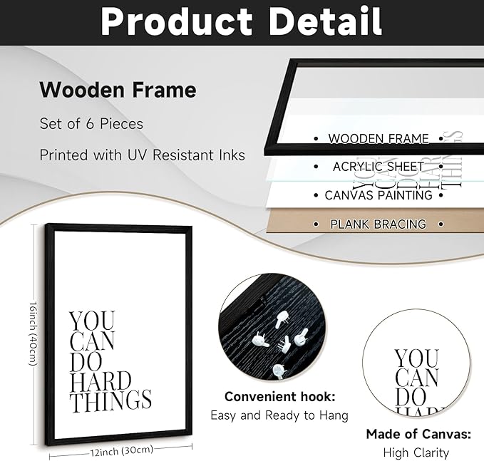 Office Inspirational Wall Art Decor Motivational Quotes Canvas Wall Art Positive Classroom Posters Pictures Office Inspirational Work Artwork for Women Home Bedroom 12x16 Inch Wood Framed Set of 6