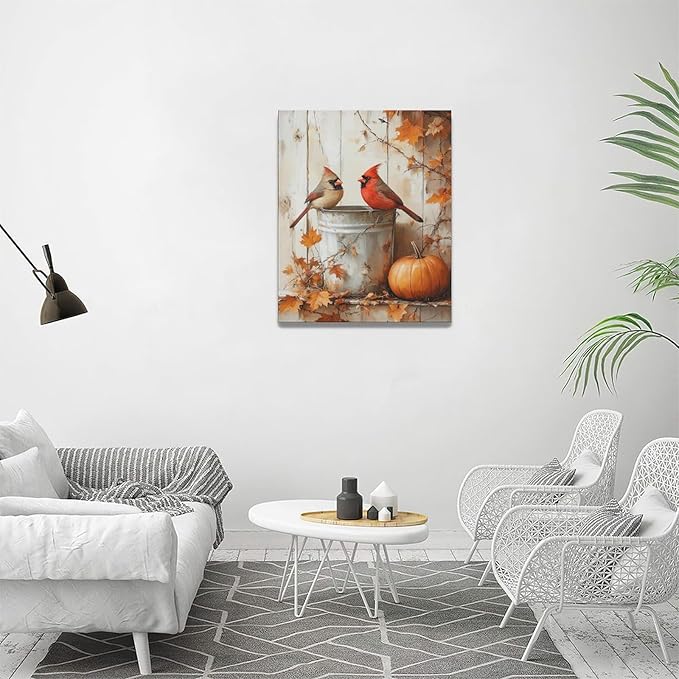 Fall Cardinal Wall Art Autumn Pumpkin Leaf Pictures Wall Decor Cardinals Canvas Painting Modern Artwork Home Decoration for Living Room Bathroom Bedroom Office Framed 16"x20"