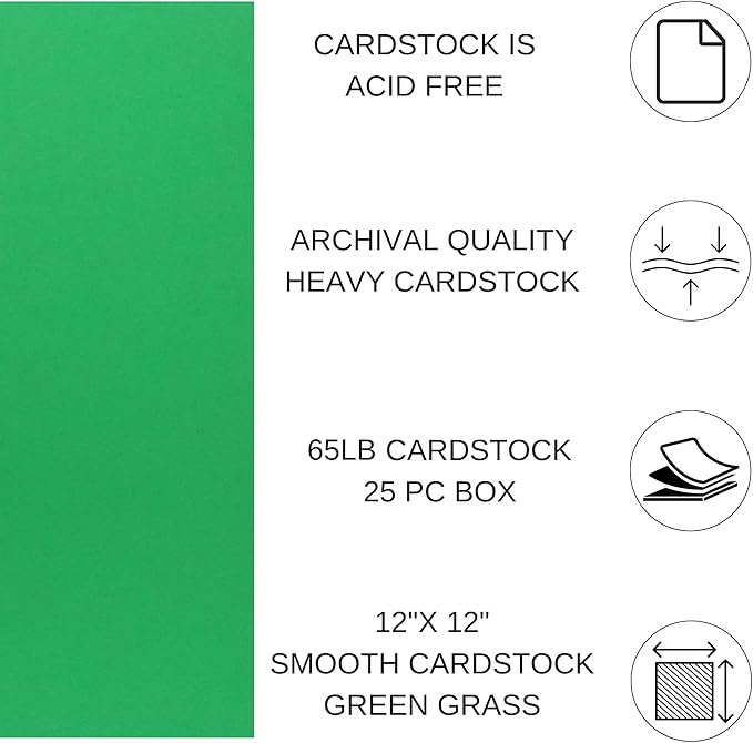 PA Paper Accents Smooth Cardstock 12" x 12" Green Grass, 65lb colored cardstock paper for card making, scrapbooking, printing, quilling and crafts, 25 piece pack