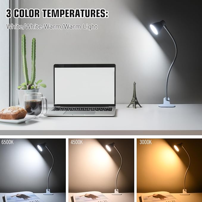 Clamp Desk Lamp, Clip on Reading Light, 3000K-6500K Adjustable Color Temperature, Multiple Illumination Modes, CRI>90, 6Watts (Adapter Included)