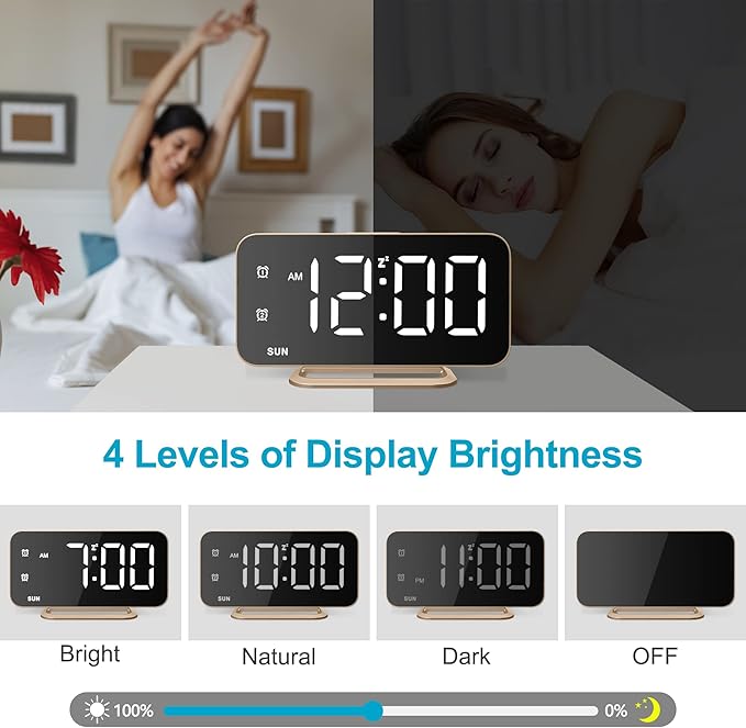 Slim LED Digital Alarm Clock, Mirror Surface for Makeup, with Diming, Large Display, Easy Setting, USB Ports, Modern Decor for Bedroom, Desk, Christmas, Birthday Idea Gift for Women, Sister, Mom, Pink