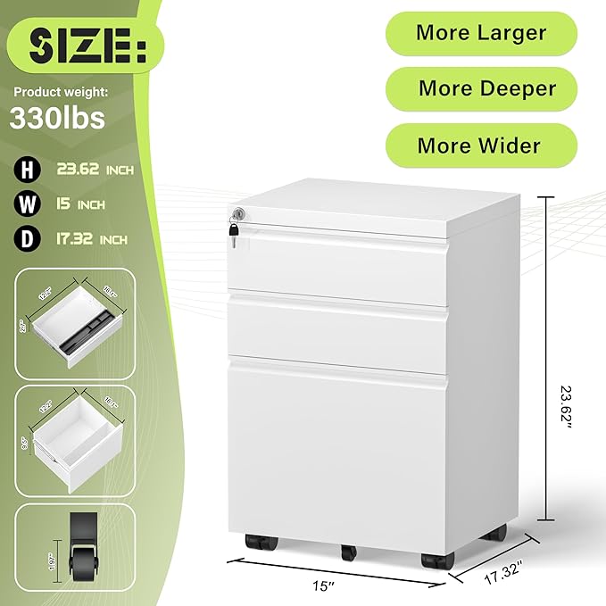 Oakcloud 3 Drawer Moveable File Cabinet for Home Office, Mobile Filing With Wheels, Roller Metal Vertical Storage for A4/F4/Letter/Legal Size, Easy Assemble (Mobile-White)