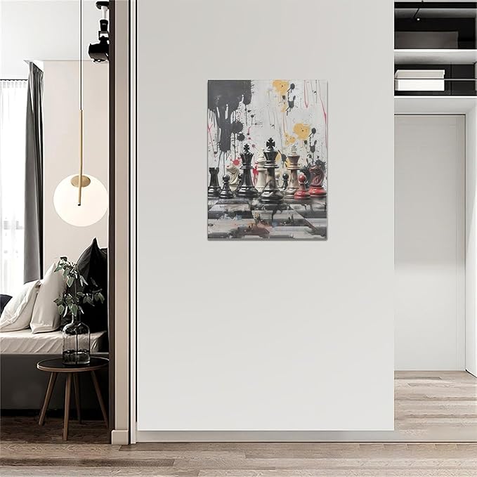 Chess Wall Art Intelligence Game Room Pictures Wall Decor Graffiti Chess Challenge Canvas Painting Print Home Modern Artwork Decorations Framed for Bathroom Living Room Bedroom Office 12 x 16 inch