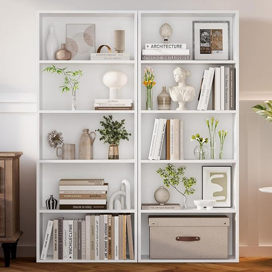 5-Tier Bookshelf & Bookcase Set of 2, Floor Standing Open Book Shelf, Wooden Display Storage Shelves with Anti-Tipping Device, 60" Tall Bookshelves for Bedroom, Living Room and Office, White