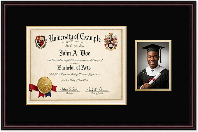CountryArtHouse Fits 14 x 11 College Diploma (Modern) and 5 x 7 Photo Diploma and Photo Frame Executive Brown Genuine Hardwood with Black Over Metallic Gold Double mat