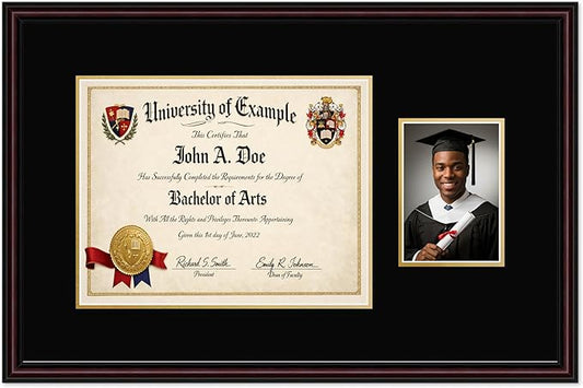 CountryArtHouse Fits 14 x 11 College Diploma (Modern) and 5 x 7 Photo Diploma and Photo Frame Executive Brown Genuine Hardwood with Black Over Metallic Gold Double mat