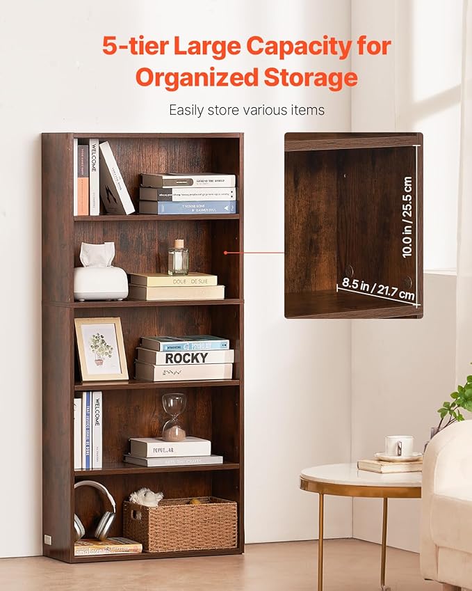 VEVOR 5 Tiers Narrow Bookshelf, 53 in Wooden Open Bookcase with Height-Adjustable Shelf, Freestanding Tall Display Storage Floor Bookcase Bookshelf for Library, Bedroom, Living Room, Office, Brown