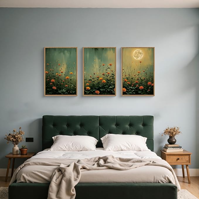 HOURIA Mystical Midnight Wildflower Framed Canvas Wall Art Set,Moonlit Orange Floral Wall Decor,Nature Inspired Landscape Artwork,Watercolor Art Prints for Living Room,Bedroom,Farmhouse-16 x24 x3