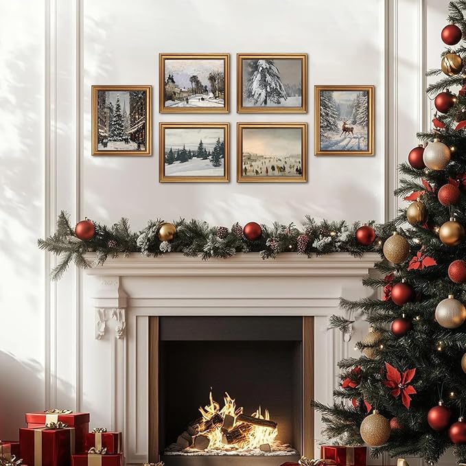 Hwetui Vintage Christmas Canvas Wall Art Poster Set of 6, Winter Tree Reindeer Pictures Wall Decor, Forest Snowy Landscape Paintings Prints Artwork for Home Living Room Bedroom 8×10 inch Unframed