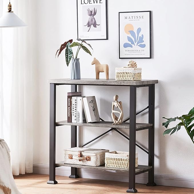 HOMBAZAAR 3 Tier Bookshelf,Grey Industrial Book Shelf,Engineered Wood and Metal Small Bookshelves,Low Shelf Bookcase for Living Room,Office,Bedroom and Kitchen