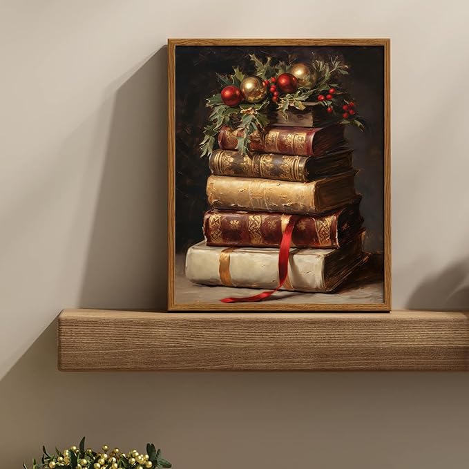 uniro Vintage Rustic Christmas Print Retro Xmas Book Art Oil Painting Dark Academia Decor Winter Farmhouse Holiday Wall Decor for Bedroom, Living Room, Gallery, winter Room Decor, Holiday Decoration Gifts( 8" x 10"-UNFRAMED)