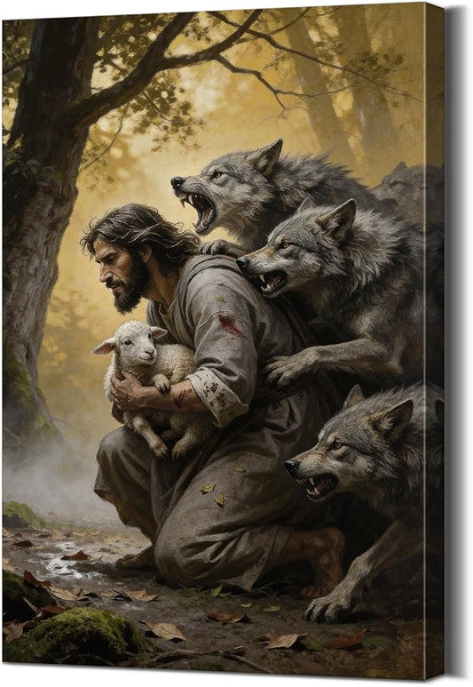 YOUHONG Jesus Wall Art and the Lamb Canvas Religious Wall Decor Christian Art Christian Posters Jesus Protect the Lamb from Wolves - Canvas with Built-in Wooden Frame for Home Decor (16x24 Inch)