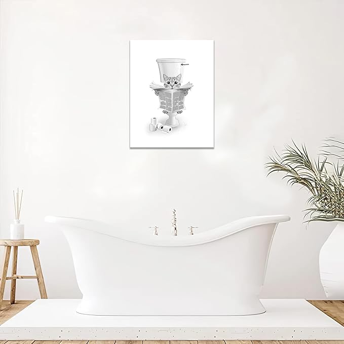 Cat Bathroom Wall Art Black and White Cat Pictures Wall Decor Funny Animal Cat Canvas Painting Print Modern Home Decoration Artwork Framed 16"x24"