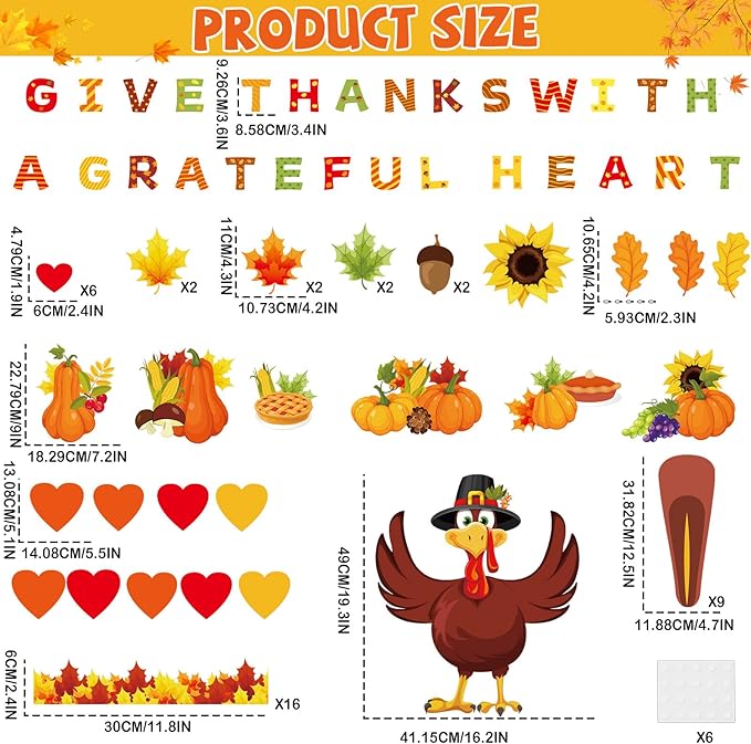 Fall Thanksgiving Turkey Bulletin Board Decorations Set Autumn Grateful Classroom Decor Thankful Maple Leaf Heart Paper Cutout for Harvest Party Back to School Classroom Chalkboard Wall Supplies Favor