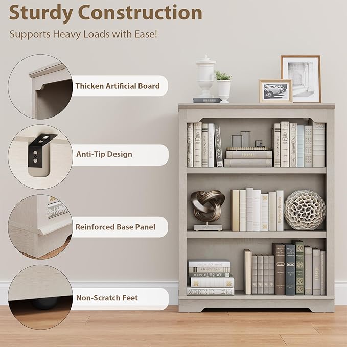 HIFYOBRO 3 Tier Bookshelf and Bookcase, 31.5" Wide Wooden Book Shelf, Freestanding Open Display Storage Bookshelves for Study Room, Home Office, Living Room