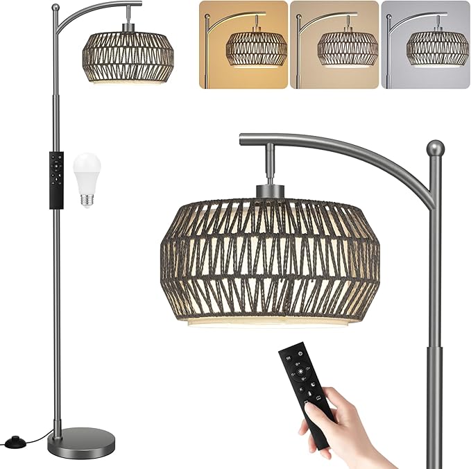 Ambimall Arc Floor Lamp for Living Room with Remote, Color Temperature & Brightness Adjustable, Bohemia Standing Lamp with Rattan & Fabric Double Drum Shades, Bulb Included(Deep Gray)