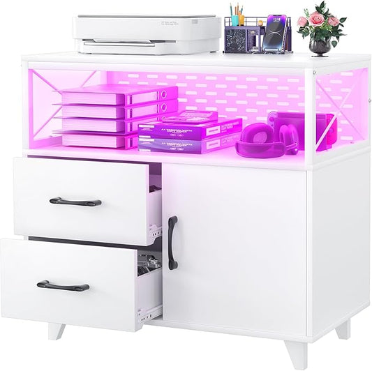 Homieasy Lateral File Cabinet with LED Light, Office Filing Cabinets with 2 Drawers and 1 Door Cabinet, Desk Side Printer Stand with Storage for Office Supplies, White