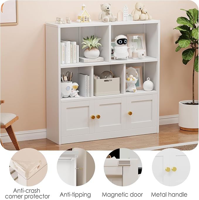 Kids Bookshelf and Toy Storage Organizer with 3 Cabinet and 5 Open Cubbies，Kids Toys Storage Organizer Shelf with Corner Guard，Multifunctional Floor Chest for Playroom and Kid's Room（White）