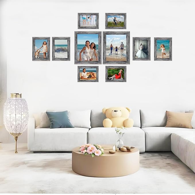 Pacome Picture Frames set with Two 11x14, Four 8x10, Four 5x7 Gallery Wall Frame Set,Collage Picture Frame,10Pack Farmhouse wood Photo Frames for living room Wall Gallery Decor or Desk,Rustic Black