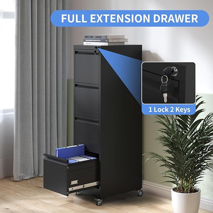 4 Drawer File Cabinet with Wheels, Metal Mobile Filing Cabinets with Lock, Vertical File Cabinet for Home Office, Rolling Storage Cabinet for A4/Letter/Legal Size File, Assembly Required, Black